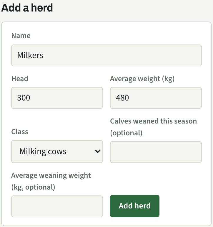 Add a herd form filled in for 300 milking cows