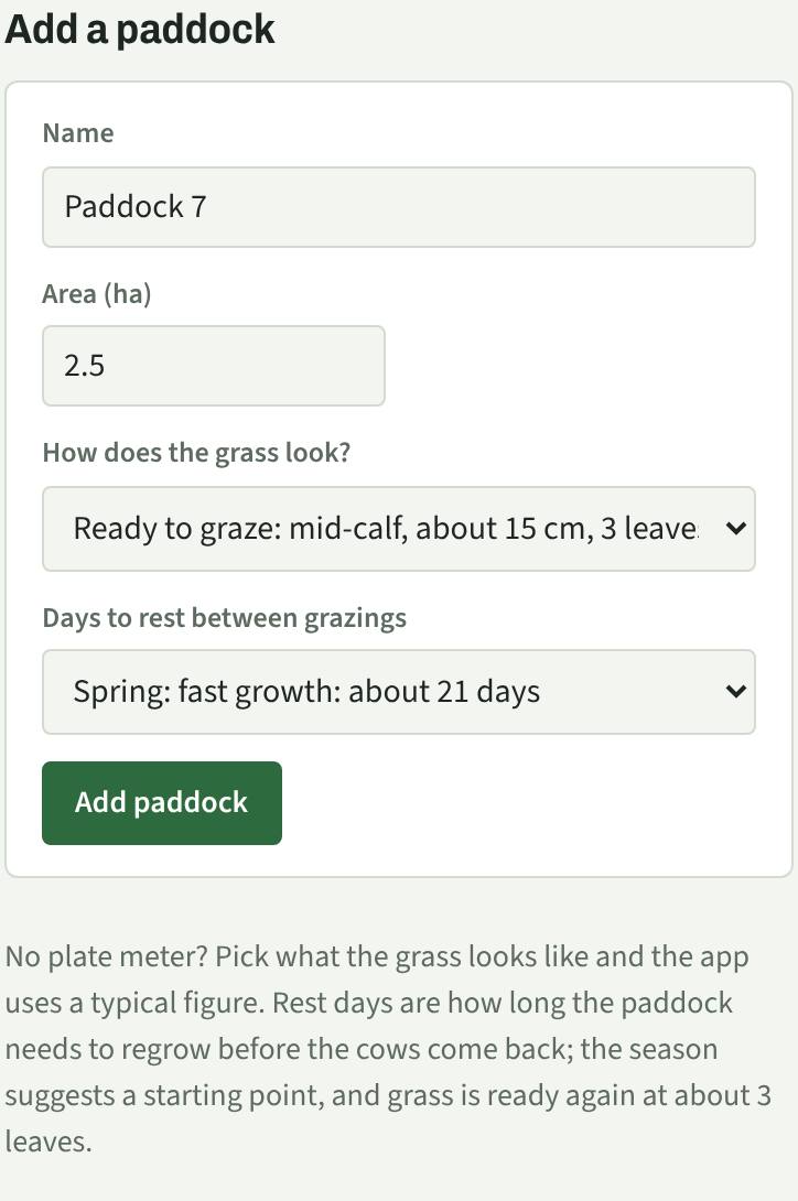 Add a paddock form for Paddock 7, 2.5 ha