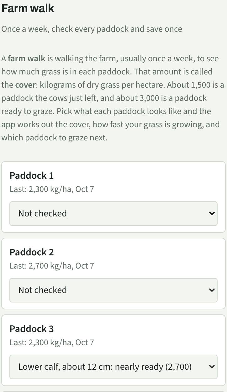 Farm walk cards with a cover picked for Paddock 3