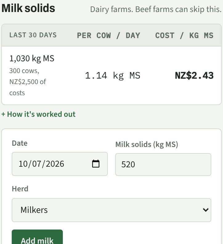 Milk solids form with 520 kg MS and cost per kg MS